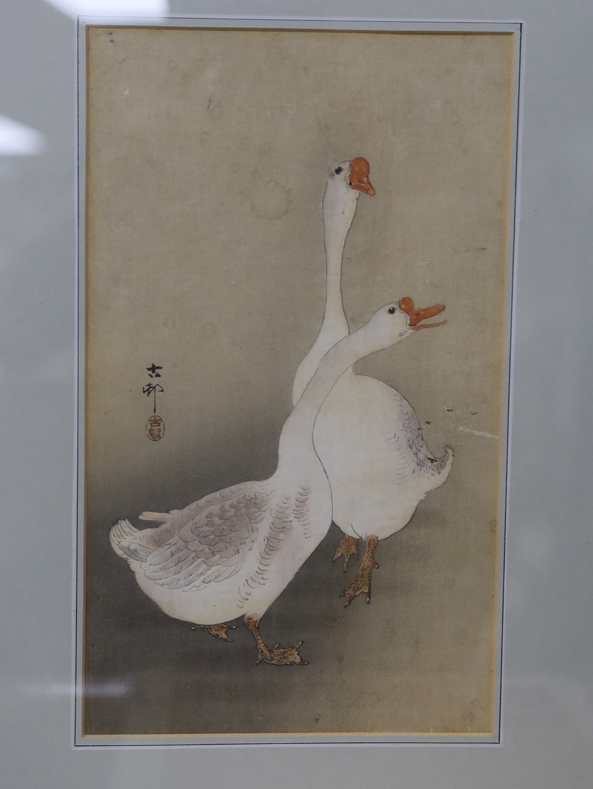 Japanese School, four assorted woodblock prints including an Urushibara still life, 29 x 38cm, with a Chinese print of a sage riding a buffalo